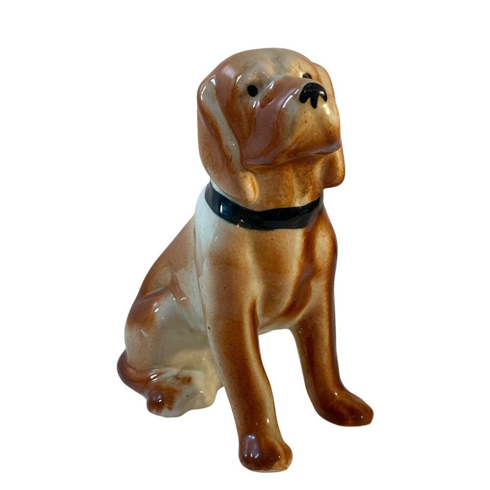 Bassett Hound Dog Vintage Glazed Ceramic Sitting Figurine Unmarked